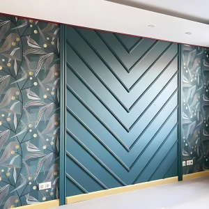 Modern V-Groove Feature Wall – Teal with Floral Side Panels
