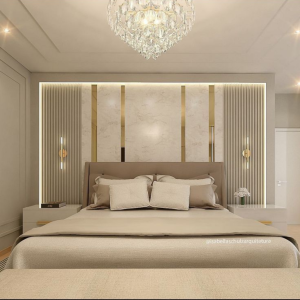 Elegant Full Bedroom Light Set with Headboard and Wall Décor