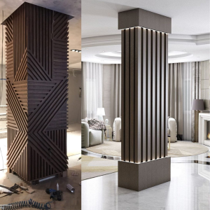 Elegant Geo Fusion LED Column Wrap with Wooden Design