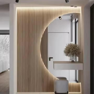 Curved Backlit Mirror Console with Slatted Design and Elegance
