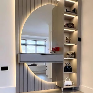 Asymmetrical Mirror Console with LED Shelf Storage