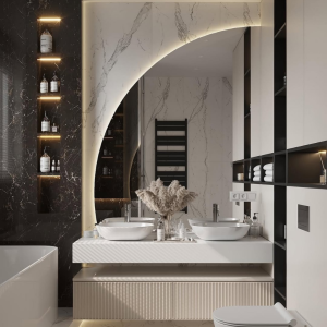 Luxury Wall-Mounted Vanity with Vessel Sinks and LED Arch Mirror