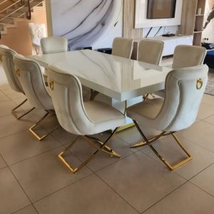 Elegant Marble Top Dining Table Set with 8 Stylish Chairs